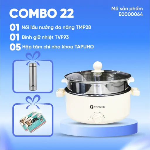 Combo (1 Nồi lẩu nướng đa năng TMP28 + 1 Bình giữ nhiệt TVF93 + 5 Hộp tăm chỉ nha khoa TAPUHO)